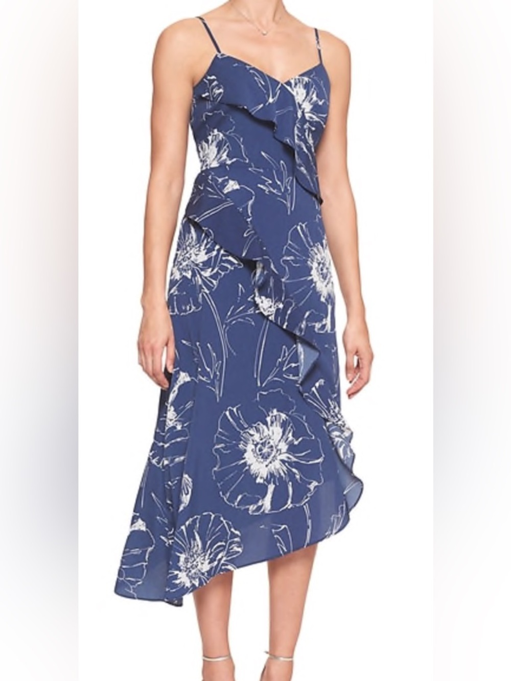 Banana Republic asymmetrical ruffle pen & ink Floral Maxi Dress 4